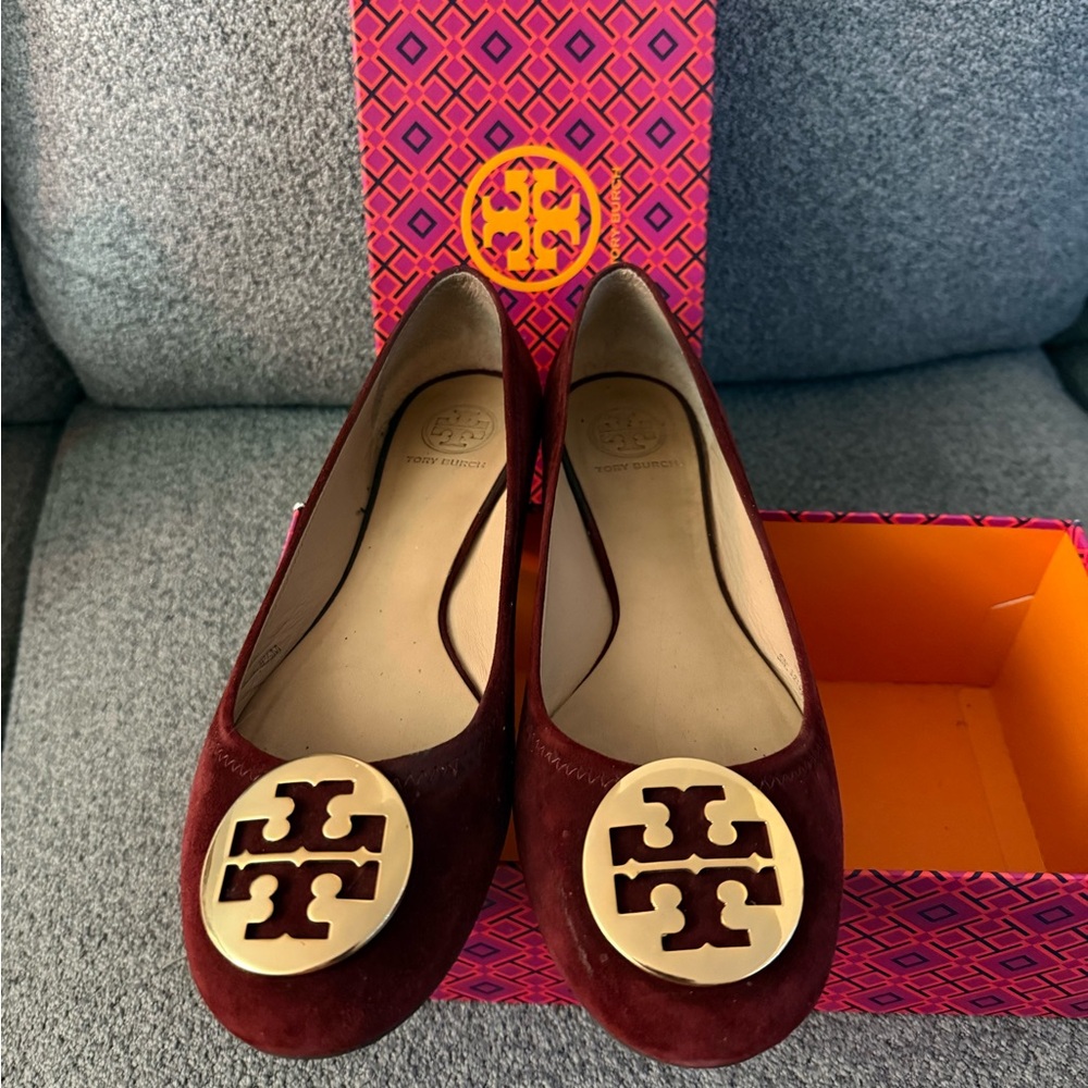 Tory Burch Burgundy Flats with Gold Emblem